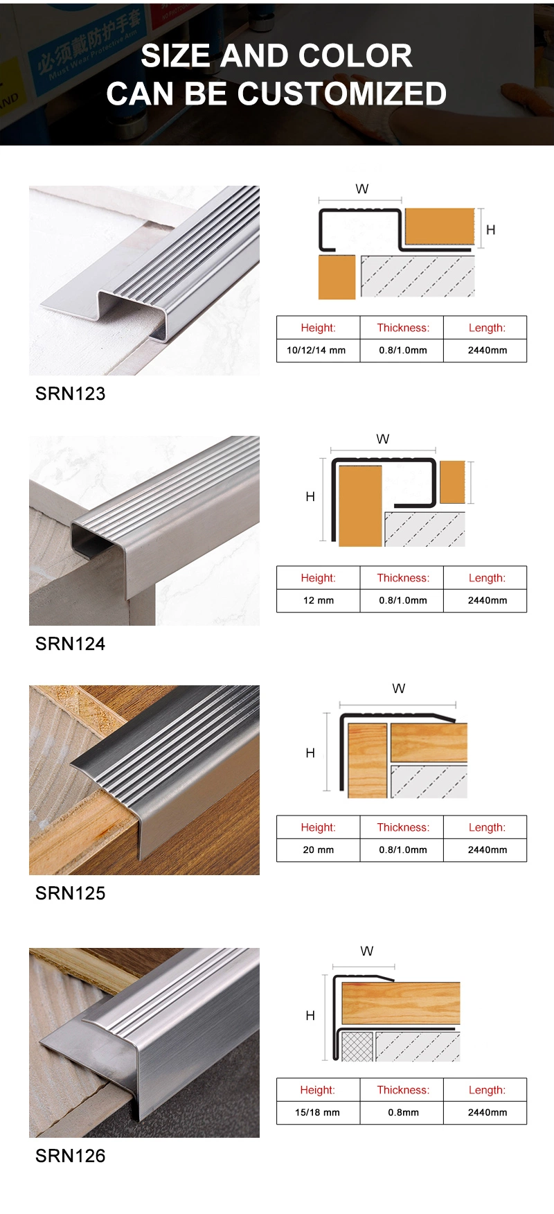 Staircase Accessories Step Edge Trim Nosing Stainless Steel Anti-Slip Wood Stair Nosing